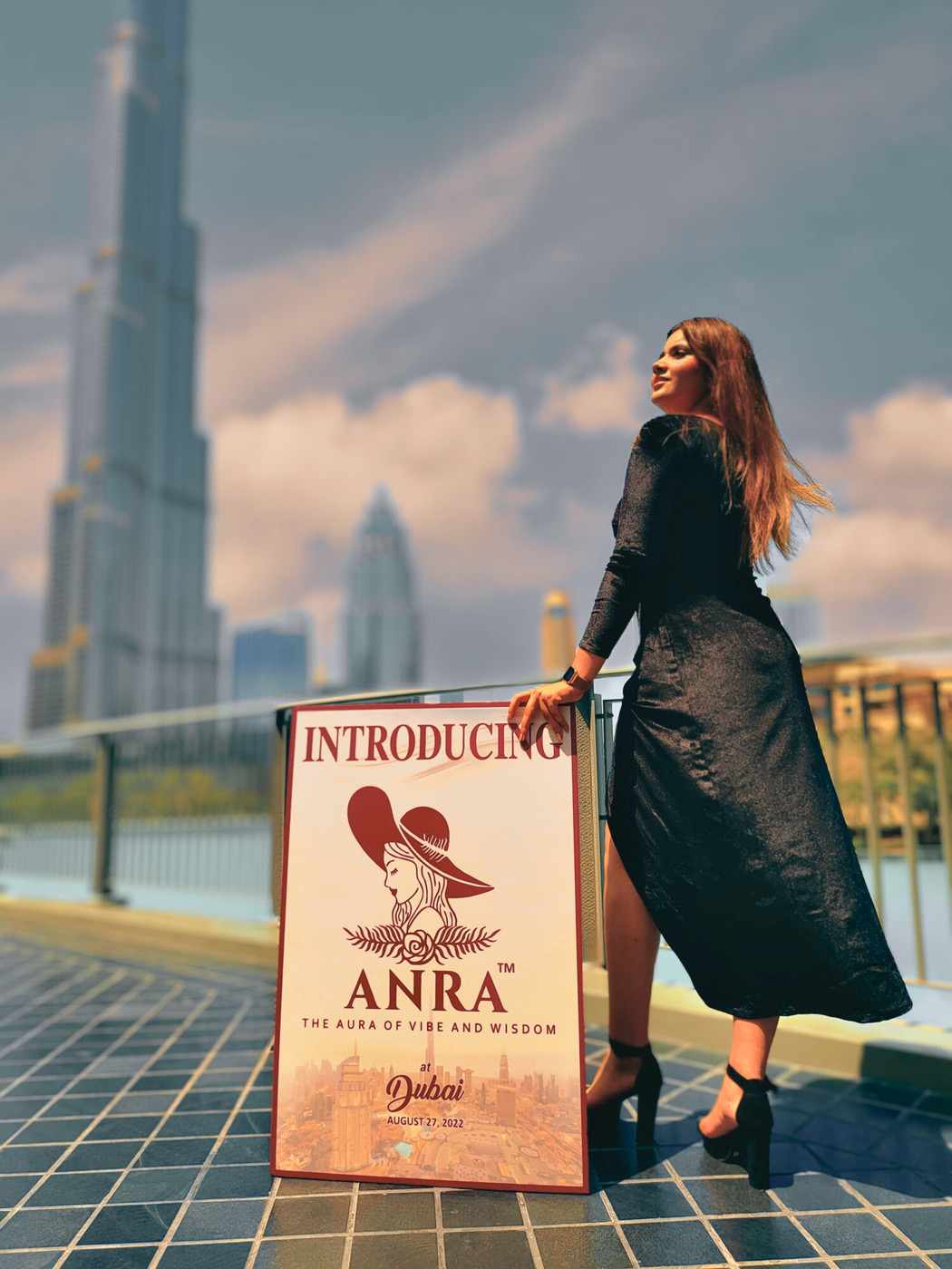 Aanchal Bohra launching ANRA in Dubai, with the Burj Khalifa behind her